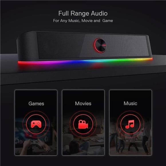 RGB Desktop Soundbar, 2.0 Channel Computer Speaker with Dynamic Lighting Bar - Picture 5 of 7